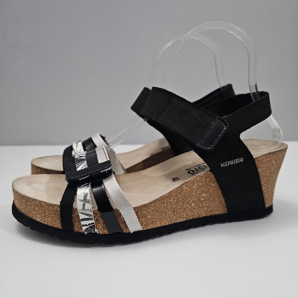 Mephisto Lucia Sandal Platform Wedge Black White Leather Cork EU Size 40 - Picture 12 of 12